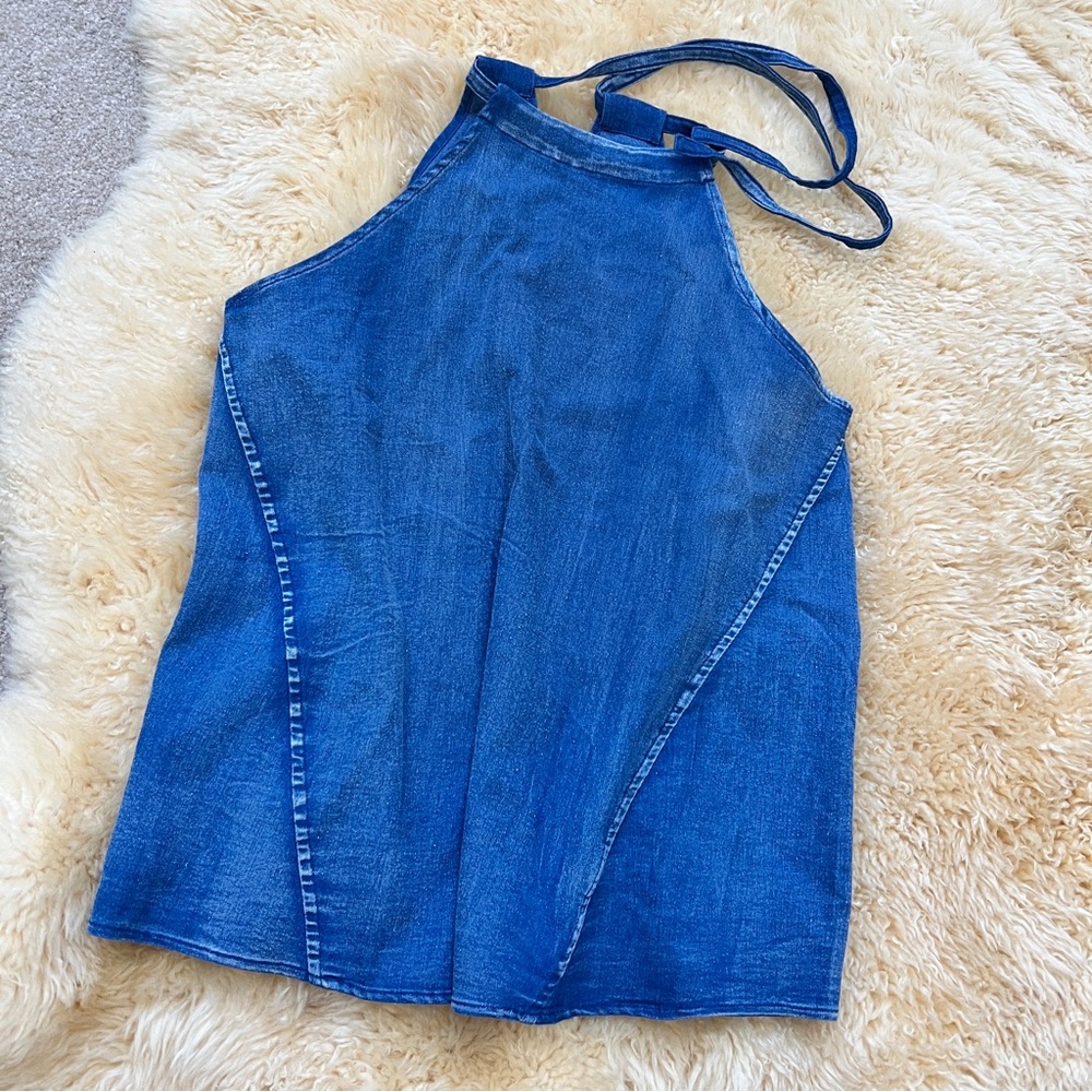 Flowy denim jeans halter top with drawstring tie and keyhole in back blouse